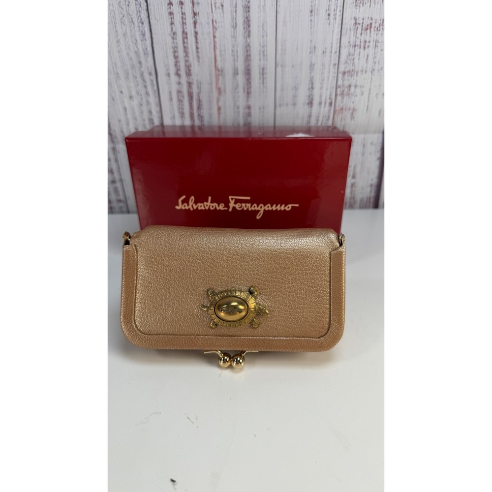 Salvatore Ferragamo Gold Turtle clasp Metallic gold leather vanity/coin clutch